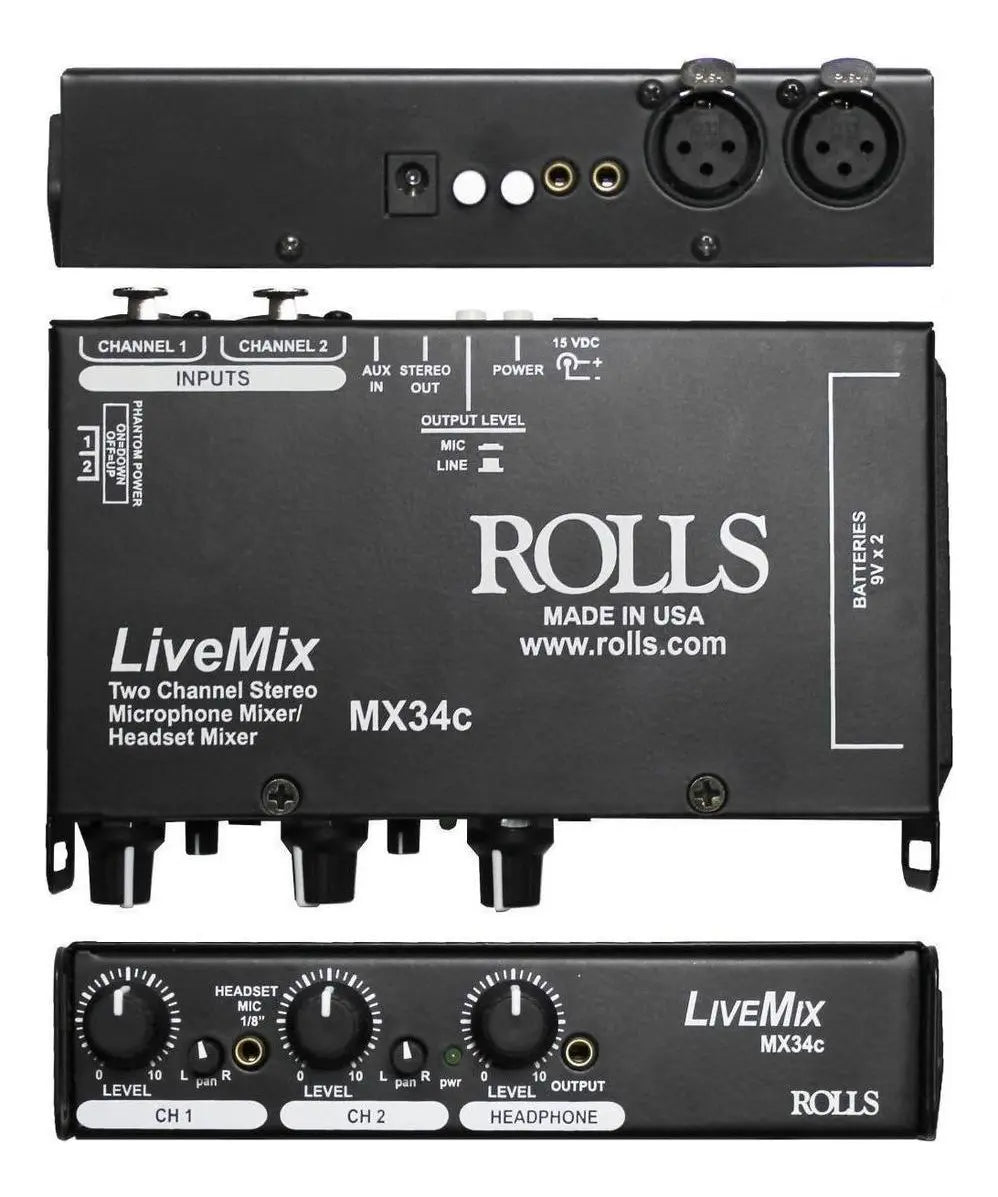 ROLLS MX34C LiveMix Mezcladora 2 Canales Micrófono XLR Phantom Power Portátil